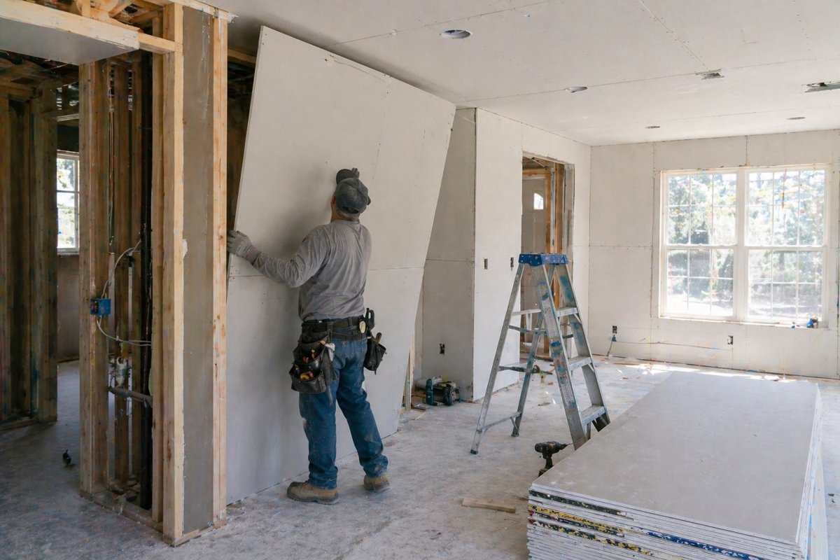residential-drywall-installation.jpg Drywall contractor installing drywall panels in a new residential construction project.
